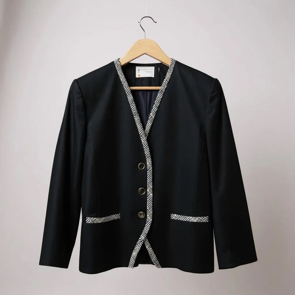 Vintage 1950's Pendleton Women Blazer Jacket Black Plaid Trim 100% Virgin Wool